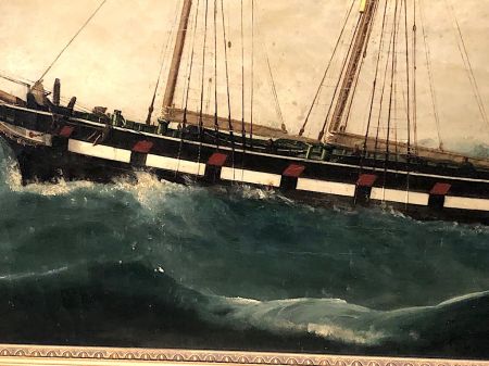 19th C Oil on Canvas Nautical Painting Two Mast Ship in Storm 12.jpg