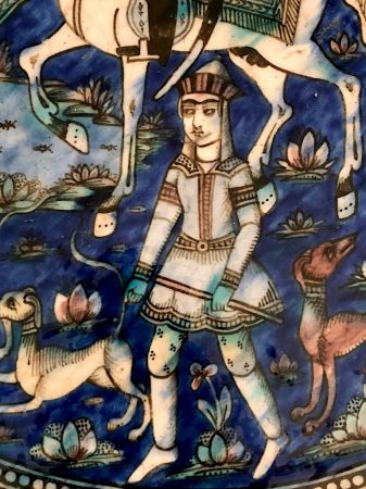 Large Round Qajar Underglaze Pottery Tile Circa 19th Century of Prince on Horseback with Nude Women 9.jpg