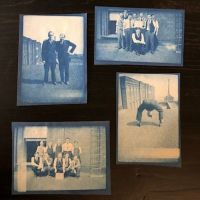 Group of Cyanotype Snapshots Factory Workers Goofing Around Man Bending Over 1.jpg