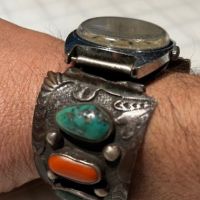 J Begay Navajo Silver Watch Band wtih Vintage Timex 3 (in lightbox)