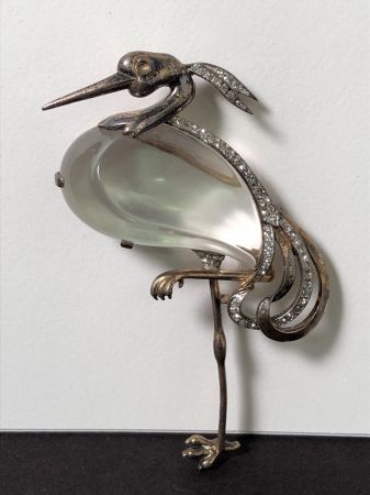 Trifari Alfred Philippe Heron Stork with Glass Belly and Rhinestone Pin Brooch 9.jpg