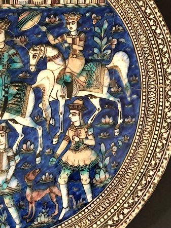 Large Round Qajar Underglaze Pottery Tile Circa 19th Century of Prince on Horseback with Nude Women 5.jpg