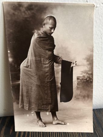 Siam Buddhist Priest with Skeleton Hand Real Photo Postcard 1.jpg