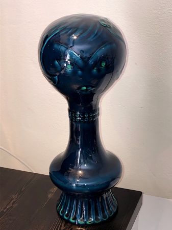 Mid Century Italian Ceramic with Blue Glaze Tall Neck Bust of Art Deco Style Woman 2.jpg