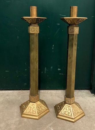 Pr of Brass Church Floor Candlesticks 1.jpg