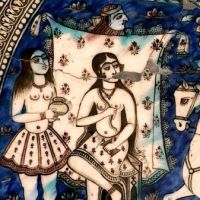 Large Round Qajar Underglaze Pottery Tile Circa 19th Century of Prince on Horseback with Nude Women 7 (in lightbox)