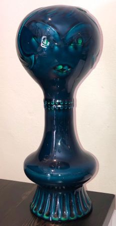 Mid Century Italian Ceramic with Blue Glaze Tall Neck Bust of Art Deco Style Woman 4.jpg