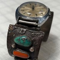 J Begay Navajo Silver Watch Band wtih Vintage Timex 2 (in lightbox)
