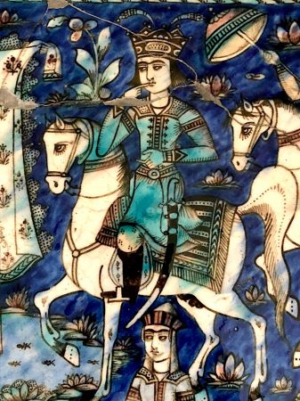 Large Round Qajar Underglaze Pottery Tile Circa 19th Century of Prince on Horseback with Nude Women 10.jpg