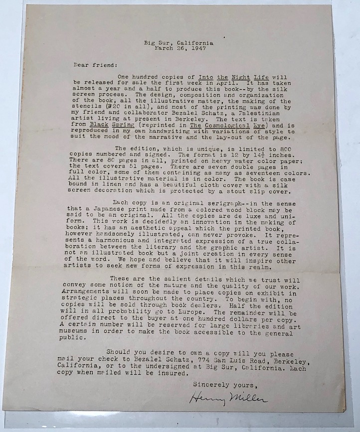 Signed Typed Letter by Henry Miller Dated 1947 Big Sur California for ...