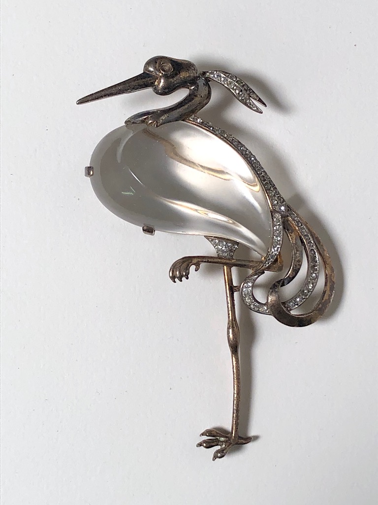Trifari Alfred Philippe Heron Stork with Glass Belly and Rhinestone Pin Brooch 10.jpg