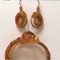 18k Gold Etruscan Revival Ram's Head Bracelet Earrings and Brooch Set 2.jpg