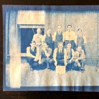 Group of Cyanotype Snapshots Factory Workers Goofing Around Man Bending Over 2.jpg