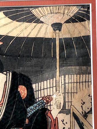 Toyokuni III Kunisada Utagawa Japanese Oban Woodblock Samurai with Umbrella 3.jpg