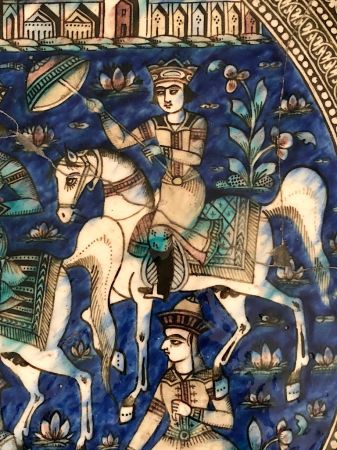 Large Round Qajar Underglaze Pottery Tile Circa 19th Century of Prince on Horseback with Nude Women 11.jpg