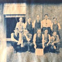 Group of Cyanotype Snapshots Factory Workers Goofing Around Man Bending Over 3.jpg