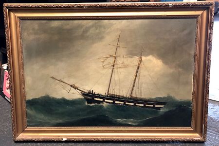 19th C Oil on Canvas Nautical Painting Two Mast Ship in Storm 2.jpg