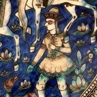 Large Round Qajar Underglaze Pottery Tile Circa 19th Century of Prince on Horseback with Nude Women 12.jpg