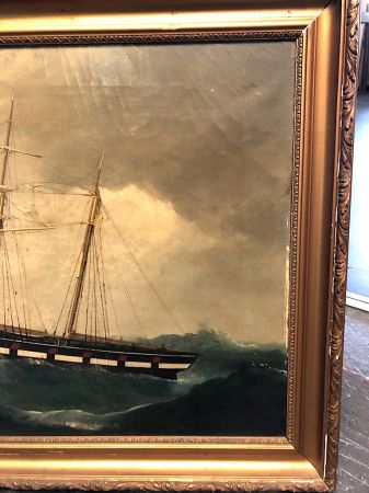 19th C Oil on Canvas Nautical Painting Two Mast Ship in Storm 3.jpg