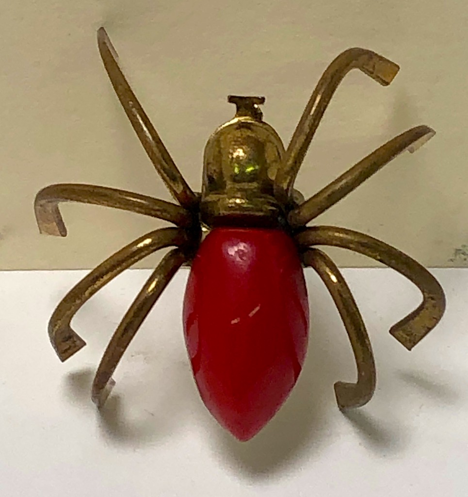 Vintage Brass and Red Bakelite Abdomen Spider Pin Broach Circa 1940s:  Sturgis Antiques