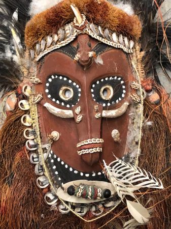 Papua New Guinea Mask Sepik Region with Feathers and Clay and Wood 3.jpg