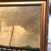 19th C Oil on Canvas Nautical Painting Two Mast Ship in Storm 3.jpg (in lightbox)