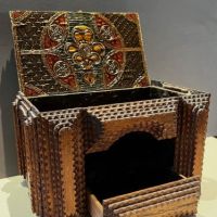 Boudoir Tramp Art Box with Hat Pin Cusion Top and Hiden Drawer 1a.jpg