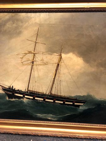 19th C Oil on Canvas Nautical Painting Two Mast Ship in Storm 4.jpg