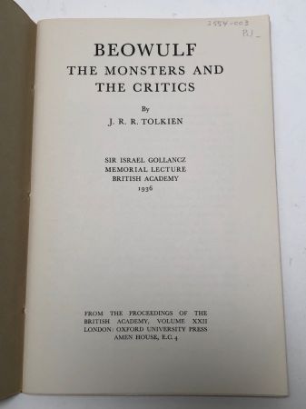 Beowulf The Monsters and The Critics By J R R Tolkien 1963 University Press Oxdford 5.jpg