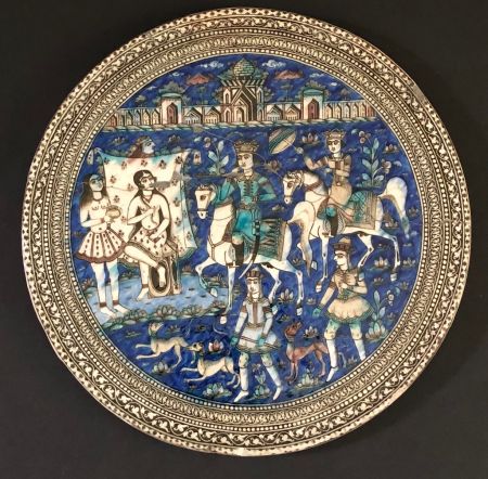Large Round Qajar Underglaze Pottery Tile Circa 19th Century of Prince on Horseback with Nude Women 1.jpg