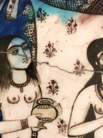 Large Round Qajar Underglaze Pottery Tile Circa 19th Century of Prince on Horseback with Nude Women 14.jpg