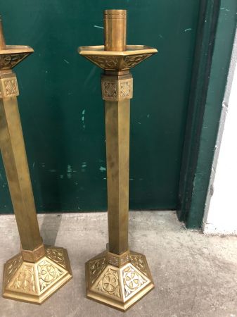 Pr of Brass Church Floor Candlesticks 8.jpg