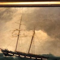 19th C Oil on Canvas Nautical Painting Two Mast Ship in Storm 4.jpg