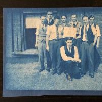 Group of Cyanotype Snapshots Factory Workers Goofing Around Man Bending Over 6.jpg