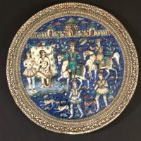 Large Round Qajar Underglaze Pottery Tile Circa 19th Century of Prince on Horseback with Nude Women 1.jpg