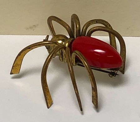 Vintage Large Red Bakelite Brass Spider Brooch Pin 2.jpg