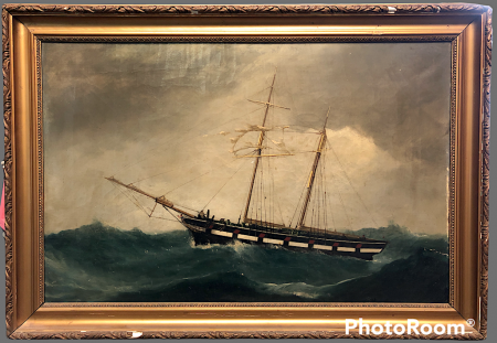 19th C Oil on Canvas Nautical Painting Two Mast Ship in Storm 1.PNG