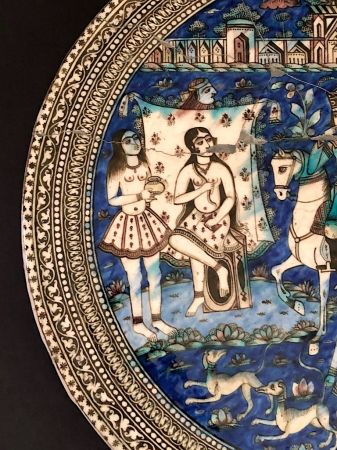 Large Round Qajar Underglaze Pottery Tile Circa 19th Century of Prince on Horseback with Nude Women 2.jpg