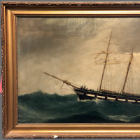 19th C Oil on Canvas Nautical Painting Two Mast Ship in Storm 1.PNG