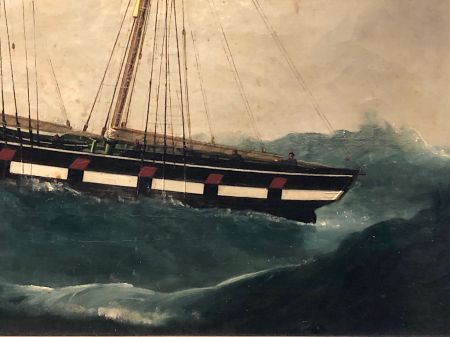 19th C Oil on Canvas Nautical Painting Two Mast Ship in Storm 6.jpg