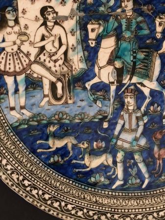 Large Round Qajar Underglaze Pottery Tile Circa 19th Century of Prince on Horseback with Nude Women 3.jpg