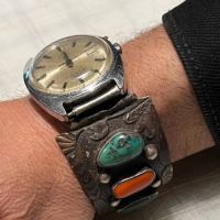 J Begay Navajo Silver Watch Band wtih Vintage Timex 10 (in lightbox)