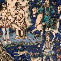 Large Round Qajar Underglaze Pottery Tile Circa 19th Century of Prince on Horseback with Nude Women 3.jpg