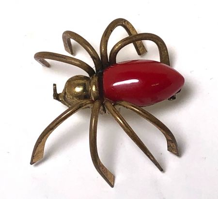 Vintage Large Red Bakelite Brass Spider Brooch Pin 4.jpg