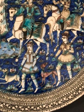 Large Round Qajar Underglaze Pottery Tile Circa 19th Century of Prince on Horseback with Nude Women 4.jpg