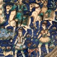 Large Round Qajar Underglaze Pottery Tile Circa 19th Century of Prince on Horseback with Nude Women 4.jpg